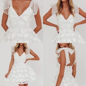 White Tie Shoulder Embroidered Mini Dress